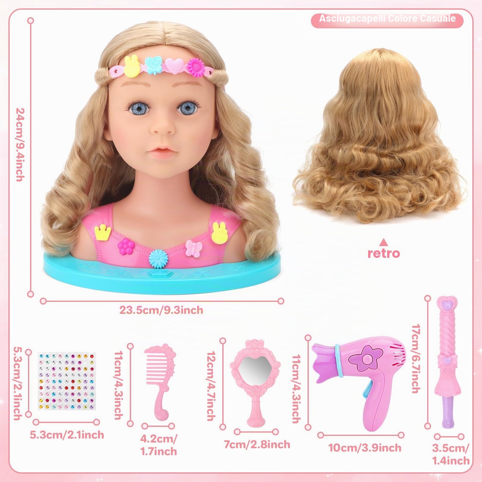 deAO Testa Bambola da Truccare e Pettinare 25cm, Testa da Acconciare per Bambini, Hair Styling Head Trucco e Parrucchiere con Asciugacapelli e Accessori, Bambola da Truccare Regalo per Bambina