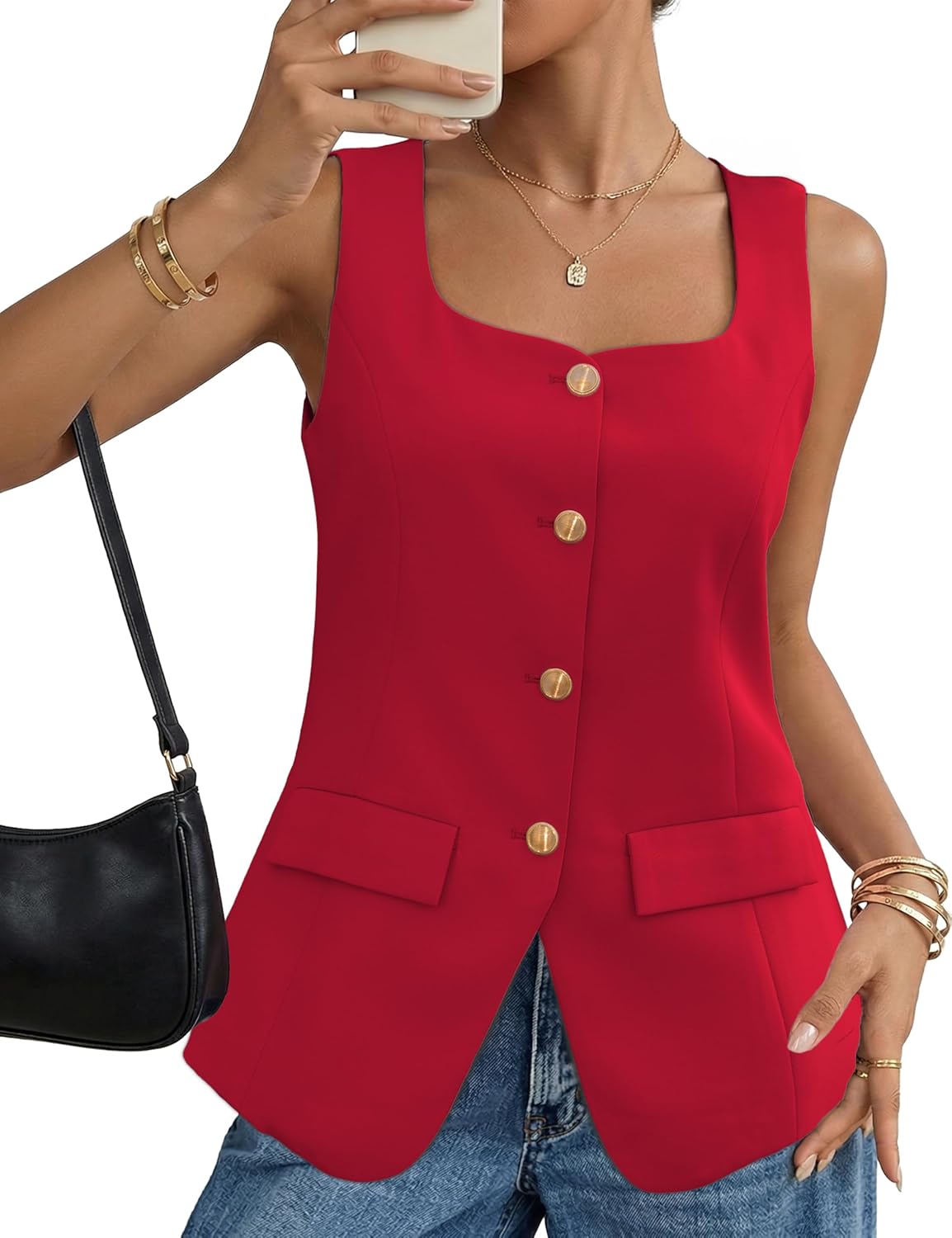 Ahlaray Vest for Women Sleeveless Blazer Vest Tops with Square Neck, Button Front, Business Casual & Everyday Wear