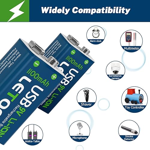 Miniatura 5 de Baterías de litio recargables por USB de 9 V, 1000 mAh, juego para detectores de humo, alarmas, juguetes, linternas (paquete de 4)