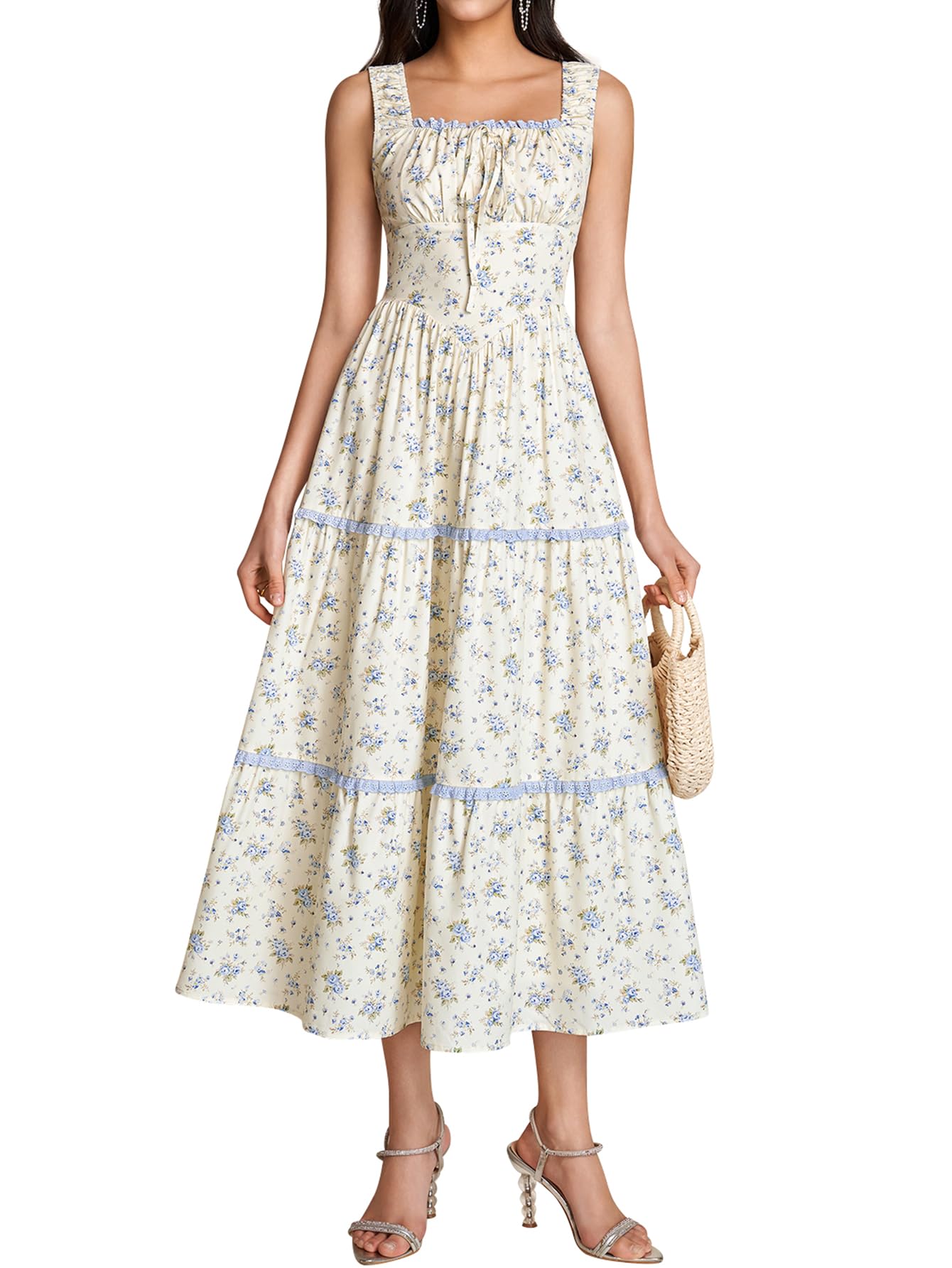 KUTUMAI Floral Corset Milkmaid Midi Dress Flowy Lace Tiered Cottagecore Wedding Guest for Women 2026 Summer Sundress Large Yellowblue