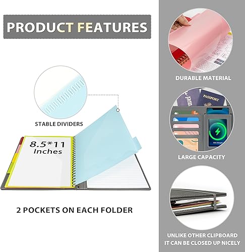 Miniatura 10 de Portapapeles de cuero en espiral de oro rosa con almacenamiento para mujeres, cartera de 5 carpetas con 10 bolsillos, carpeta organizadora plegable