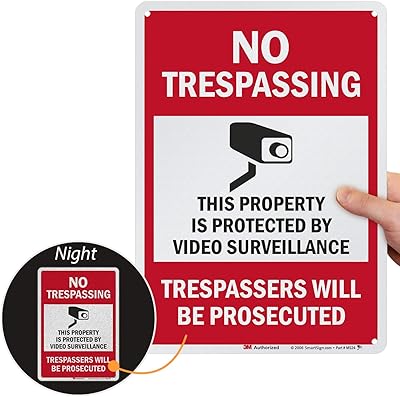 SmartSign 14 x 10 inch “No Trespassing - Property Protected by Surveillance, Trespassers Prosecuted†Metal Sign, 40 mil Aluminum, Engineer Grade Reflective Material, Red, Black and White