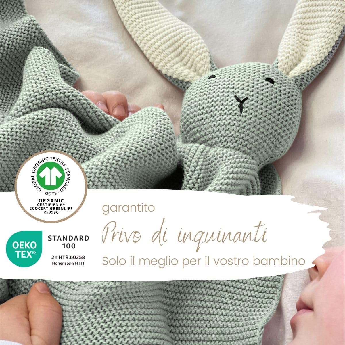 Dikos® coperta & doudou 2 in 1 con coniglietto coccolone (verde menta) – dolce regalo nascita per neonato o neonata – in morbido cotone biologico (GOTS & OEKO-TEX) – ideale come primo peluche per bebè