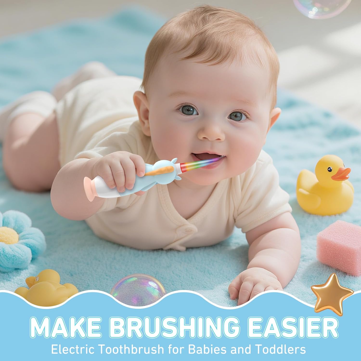 YUNCHI Toddler Electric Toothbrush Kids 0-3-6 Years, Baby Electric Toothbrush with Colorful LED Light, Battery Powered Toddler Toothbrush with 2 Minutes Timer 4 Brush Heads, Infant Toothbrush (Blue) - Image 2