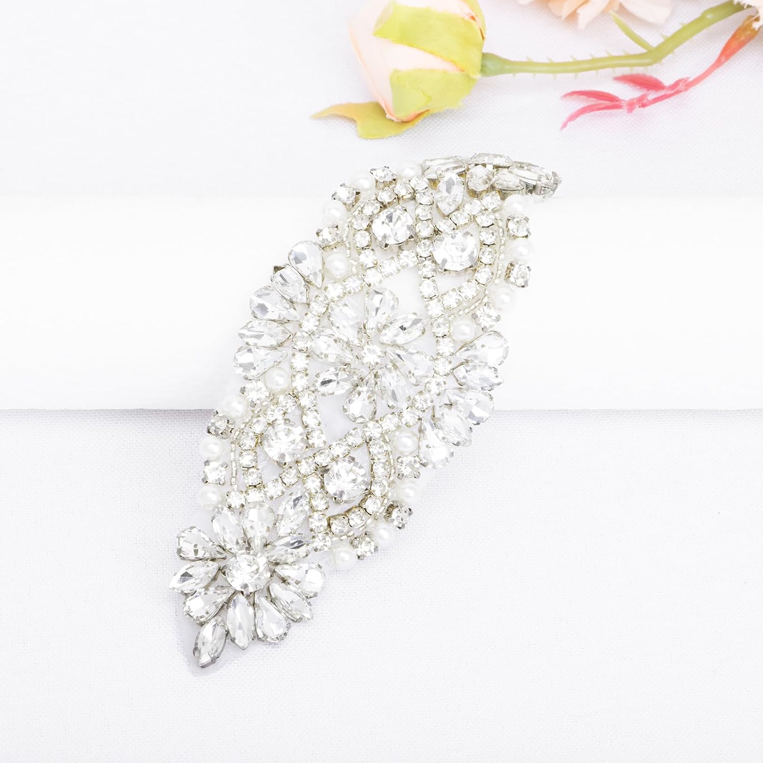 ShiDianYi Rhinestone and Pearl Beaded Applique for Bridal sash, Wedding Headband Wedding Belst Bridal Sash Silver Rhinestone Applique