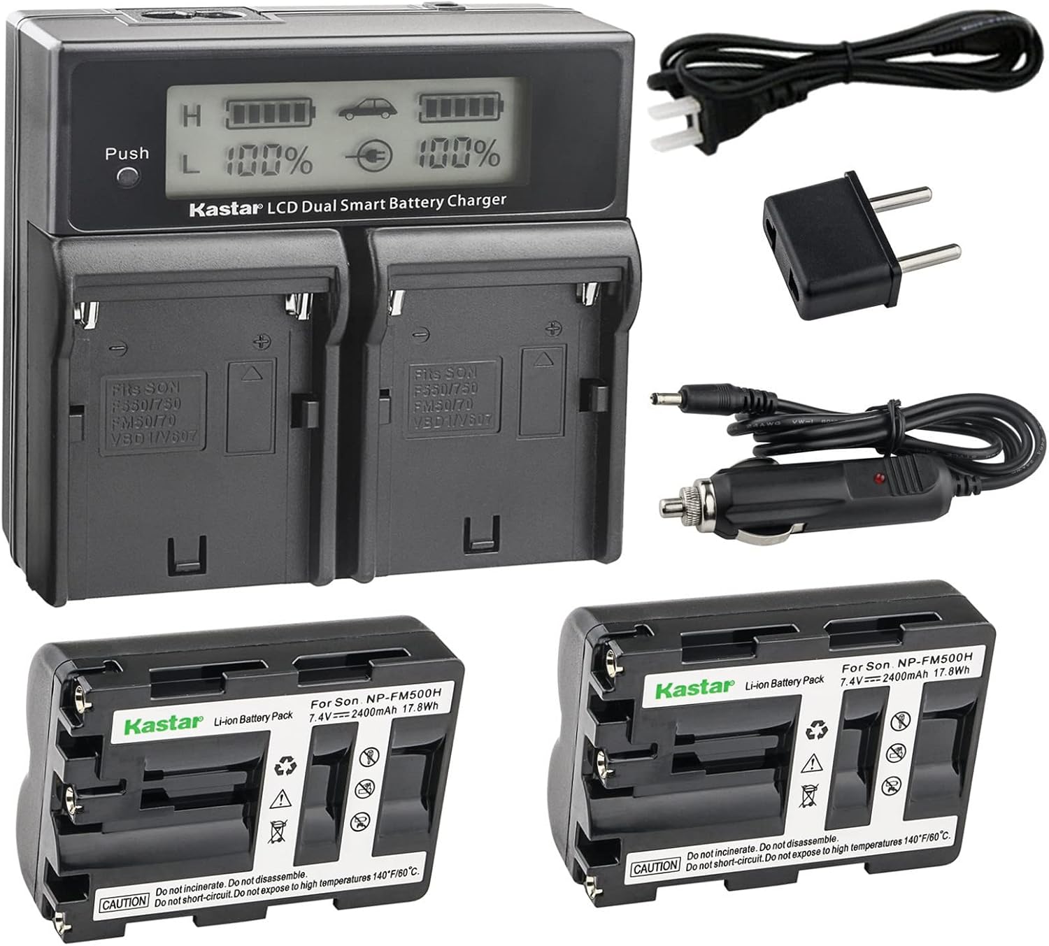 Kastar LCD Dual Smart Fast Charger & 2 x Battery Replacement for NP-FM500H NP-FM500 and Sony Alpha SLT A58 A57 A65 A77 A99 A77V A77II A350 A450 A500 A550 A700 A850 A900 CLM-V55 DSLR Camera