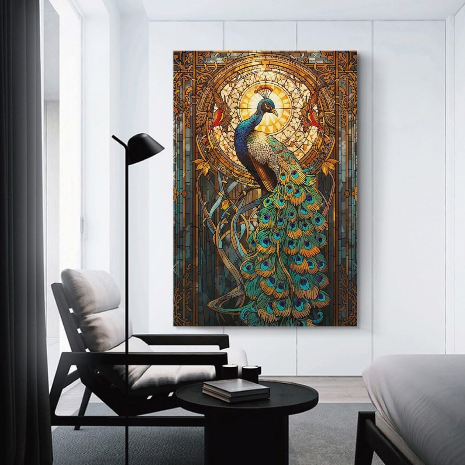 Junmoney Unframe-Style-14 Peacock Stained Glass Art Nouveau Canvas Wall Decor, 08X12inch(20X30cm), For Flats, Guest Rooms Or Compact Rooms, Decorative Canvas Decor For Home Updates