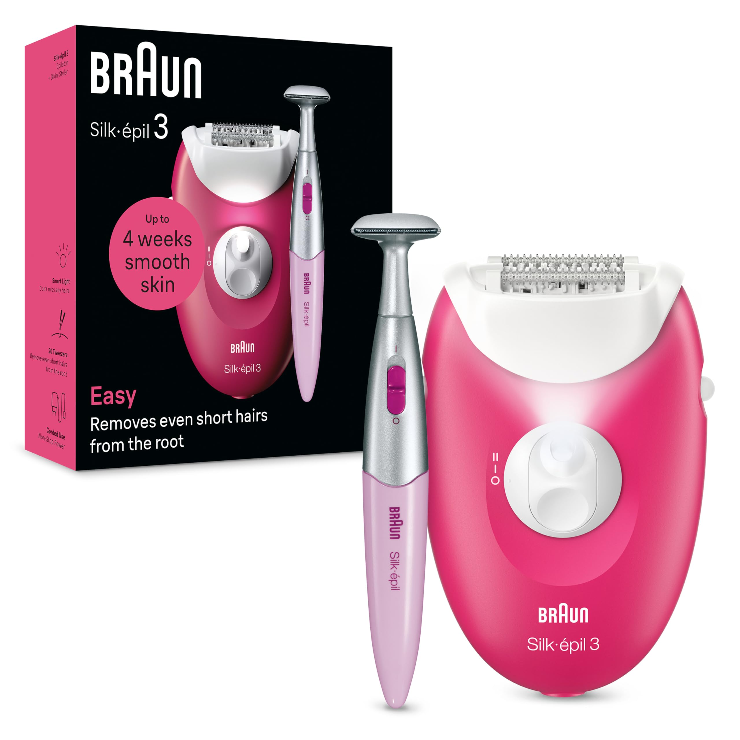 Braun Silk-Épil 3 Epilatore Elettrico Donna, Rasoio Elettrico Donna, con Cavo per Epilazione, Pelle Liscia per Settimane, con Rifinitore Bikini Styler, 3-202, Rosa Lampone