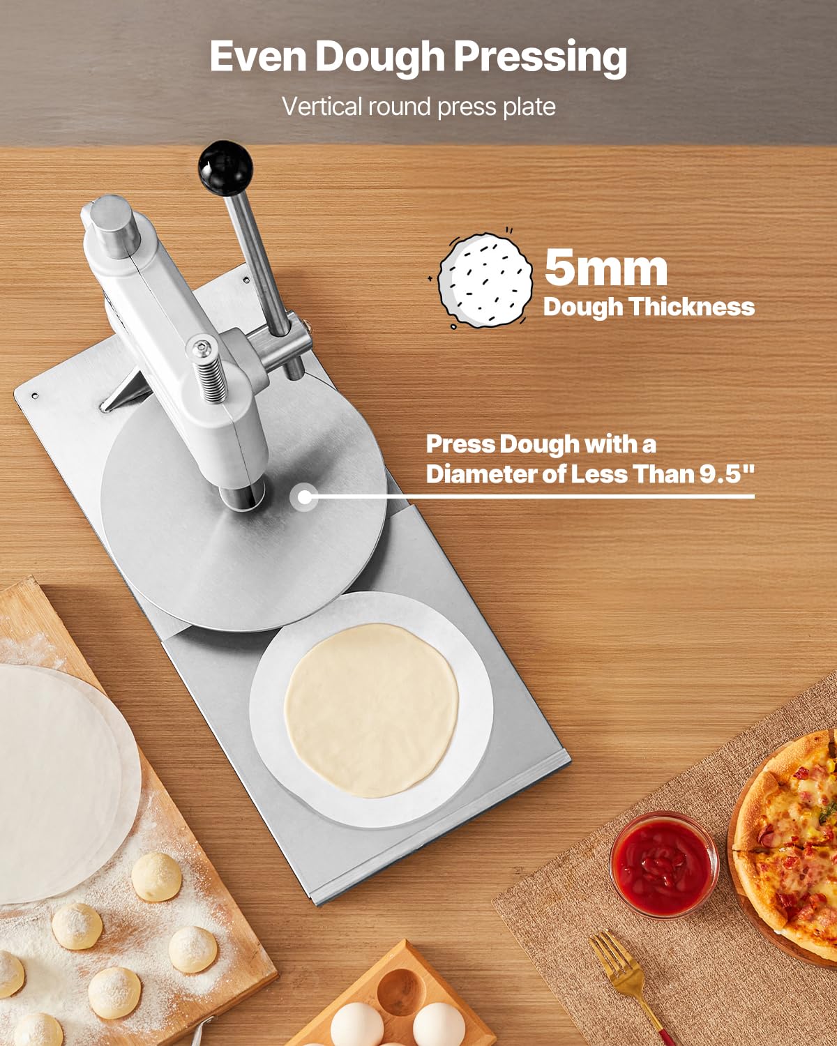 VEVOR Macchina per Pressatura Manuale della Pasta per Pizza, Piastra per Pressatura della Pasta per Pizza in Acciaio Inossidabile, Macchina Formatrice con Maniglia e 100 Fogli di Carta da Forno