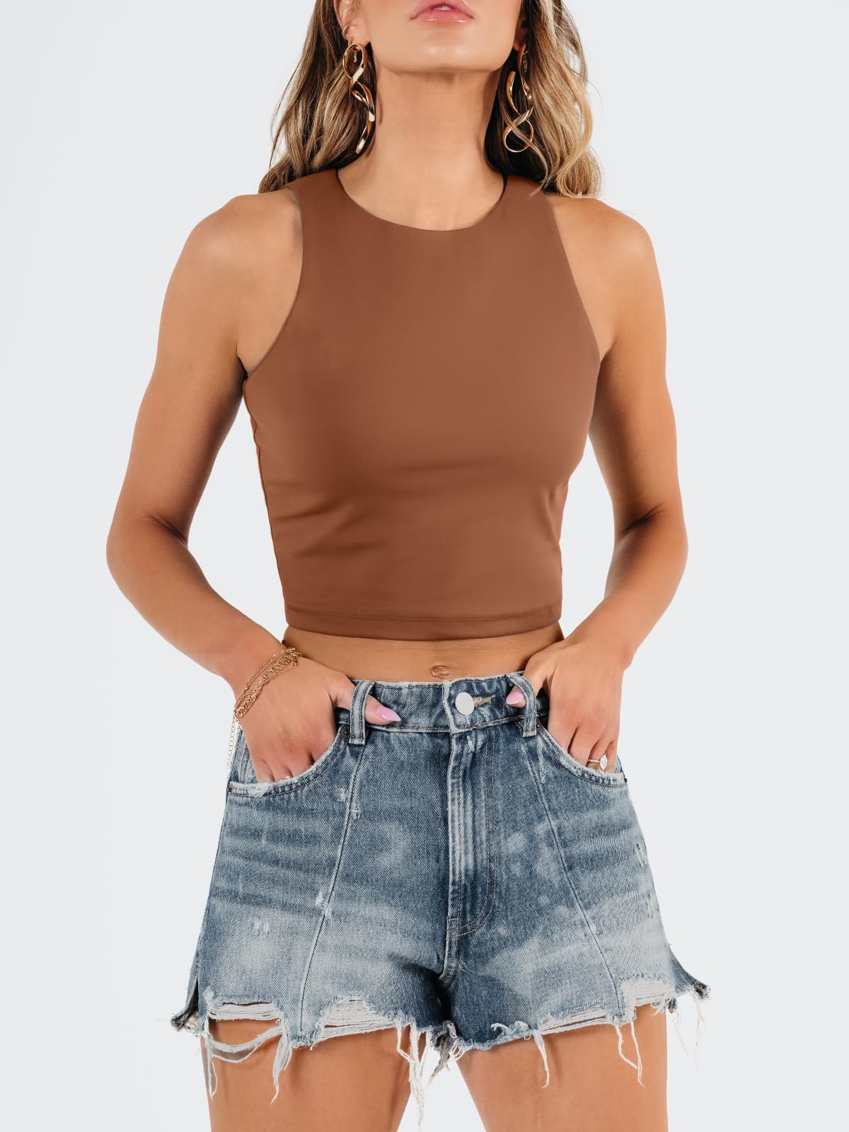 EFAN Womens Sexy Sleeveless High Neck Crop Tops Workout Cute Racerback Cropped Tank Tops Summer Clothes Teen Girls