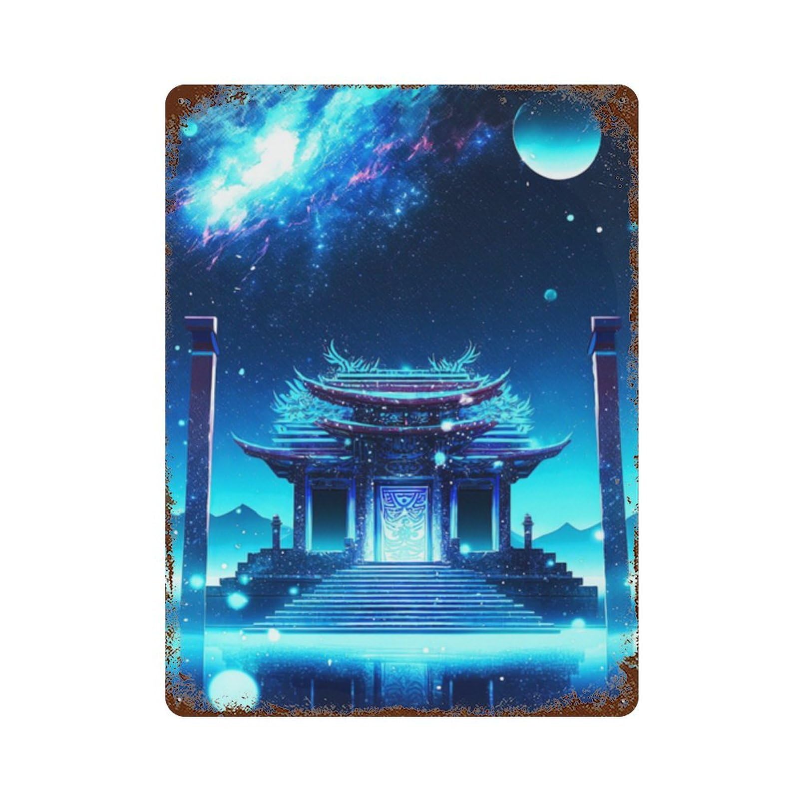Garage Style Fantasy Temple in Starry Sky Distressed Metal Wall Sign 15.7"x11.8", Shabby Chic Decor for Bar And Workshop