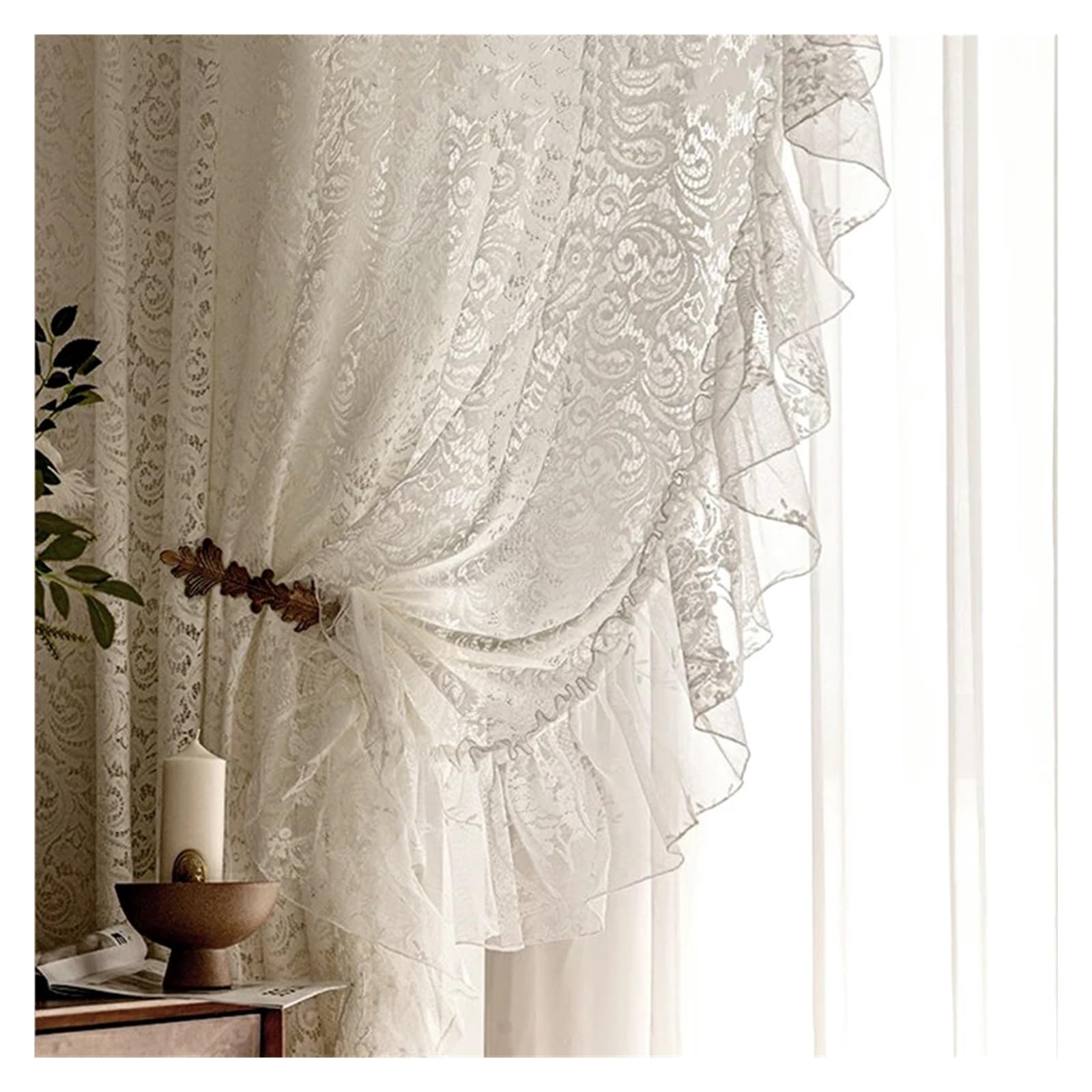 WWPMNQD Ruffled Curtains Cream Blackout Living Room Lace Bedroom Balcony Window Curtain for Bedroom(White,Grommet,W200cm H270cm)