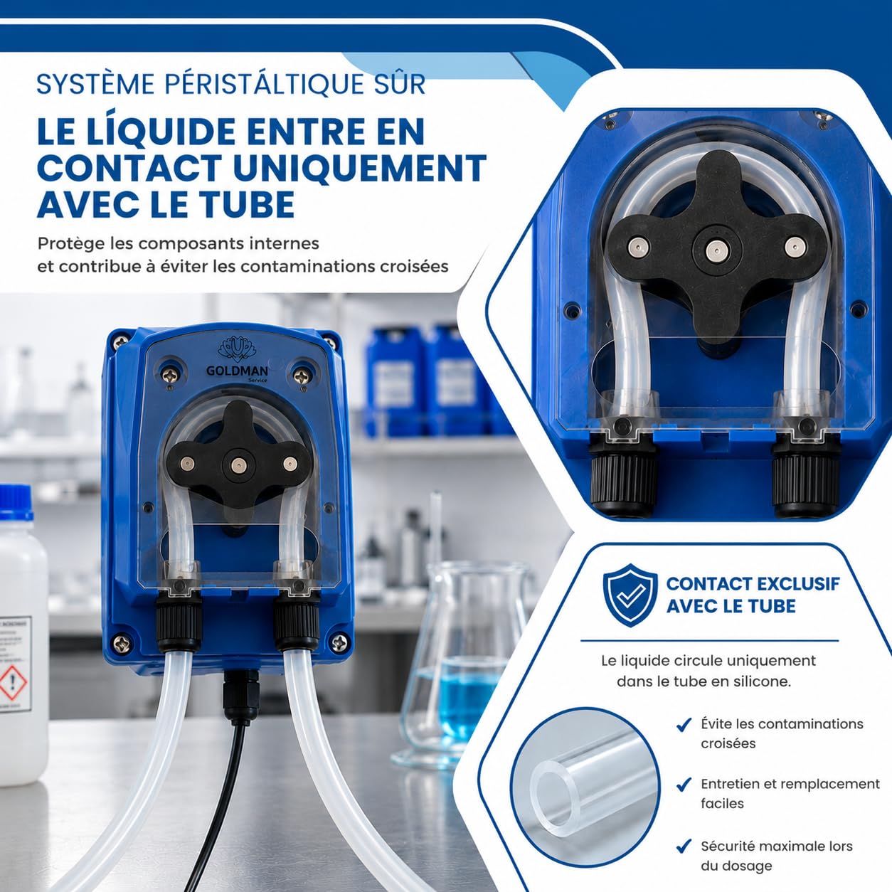 GOLDMAN SERVICE | Pompe péristaltique doseuse réglable 120 ml/min - Distributeur nettoyant et produit de rinçage pour lave-vaisselle industriel - IP65, 5 W, montage mural