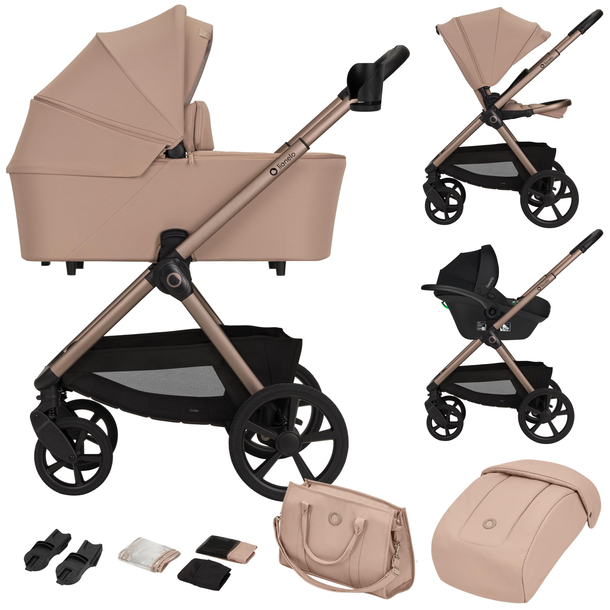 LIONELO Carmine 3 in 1 Kinderwagen Reisesysteme Set ADAC-Babyschale Babywanne Buggy GravelTech Räder Federung UPF50+