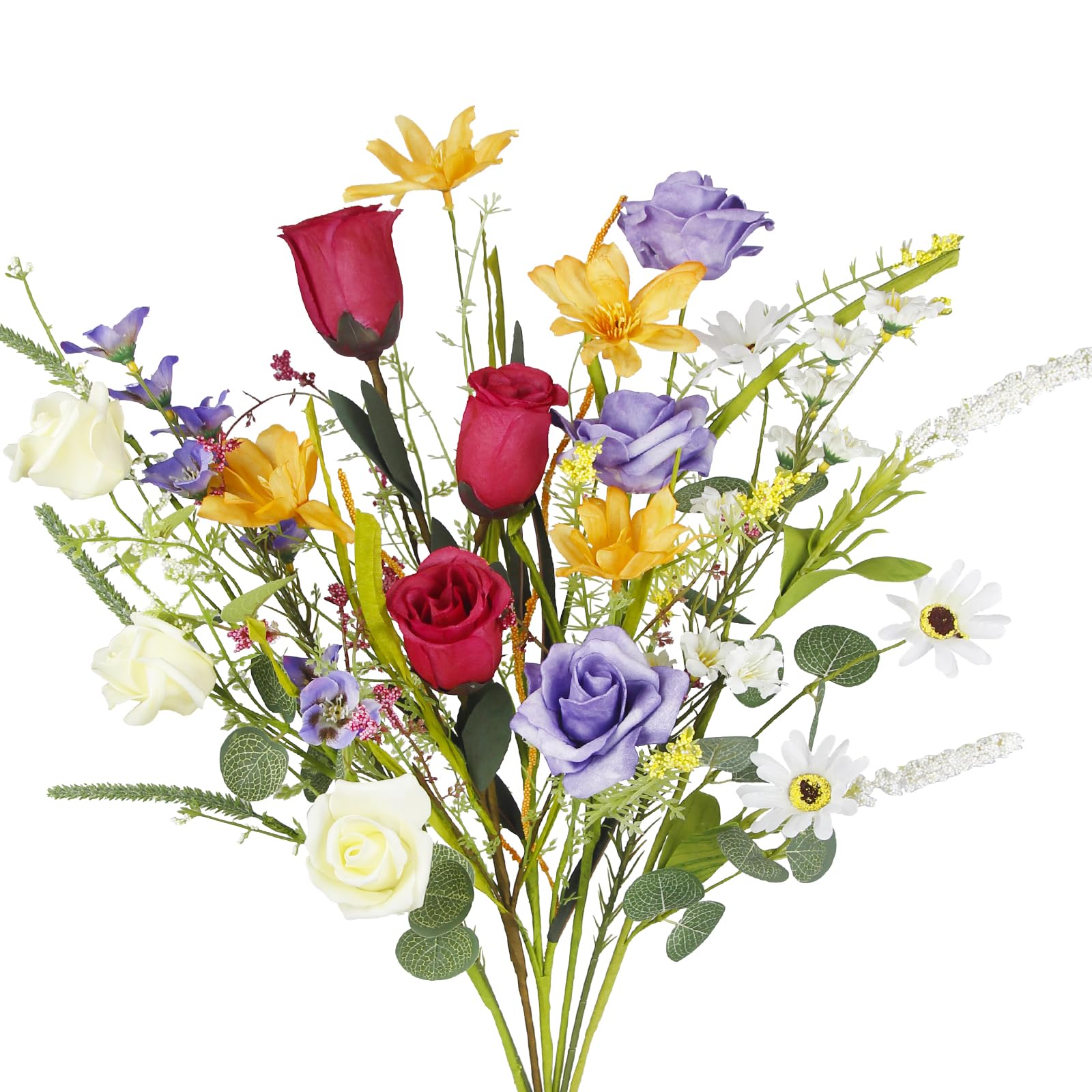 CEWUDA 7 Pcs Wildflowers Artificial Flowers Daisies Roses and Lilies Spring