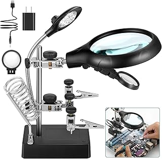 Helping Hands Soldering Station with Magnifier Light, 2.5X-7.5X-10X Hands Free Desktop Magnifying Glass with Stand & Alligator Clip, Third Hand for Solder Repair Electronic Jewelry Miniture Painting