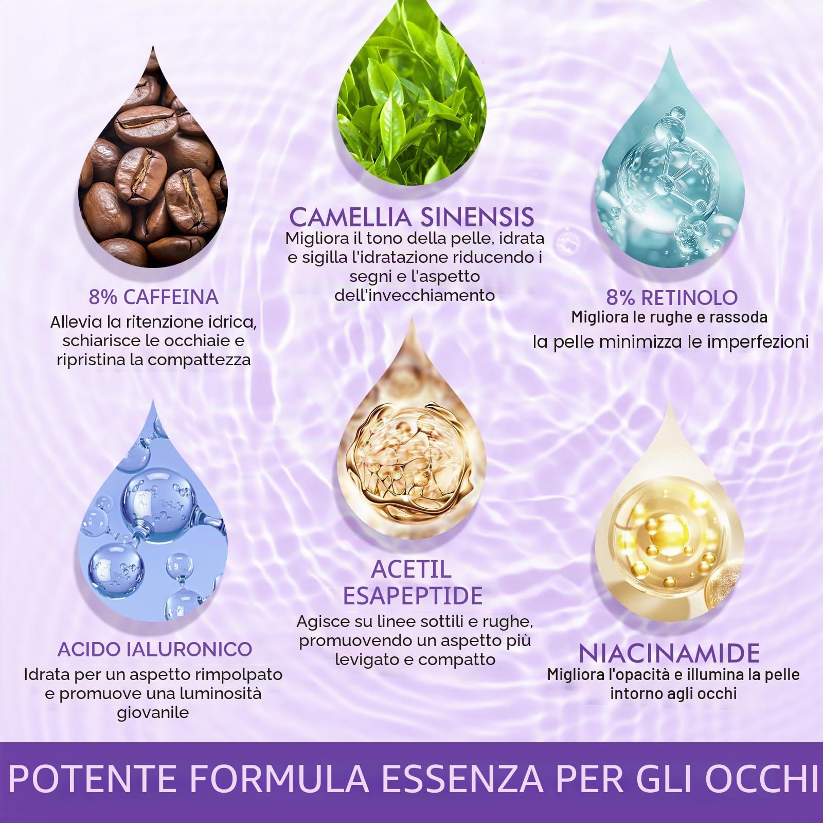 Siero per occhiaie e borse sotto gli occhi con 8% di caffeina 8% retinolo, ialuronniacinamide, anti-invecchiamento per borse e gonfiori, con pallina massaggiante a 360° per donne e uomini