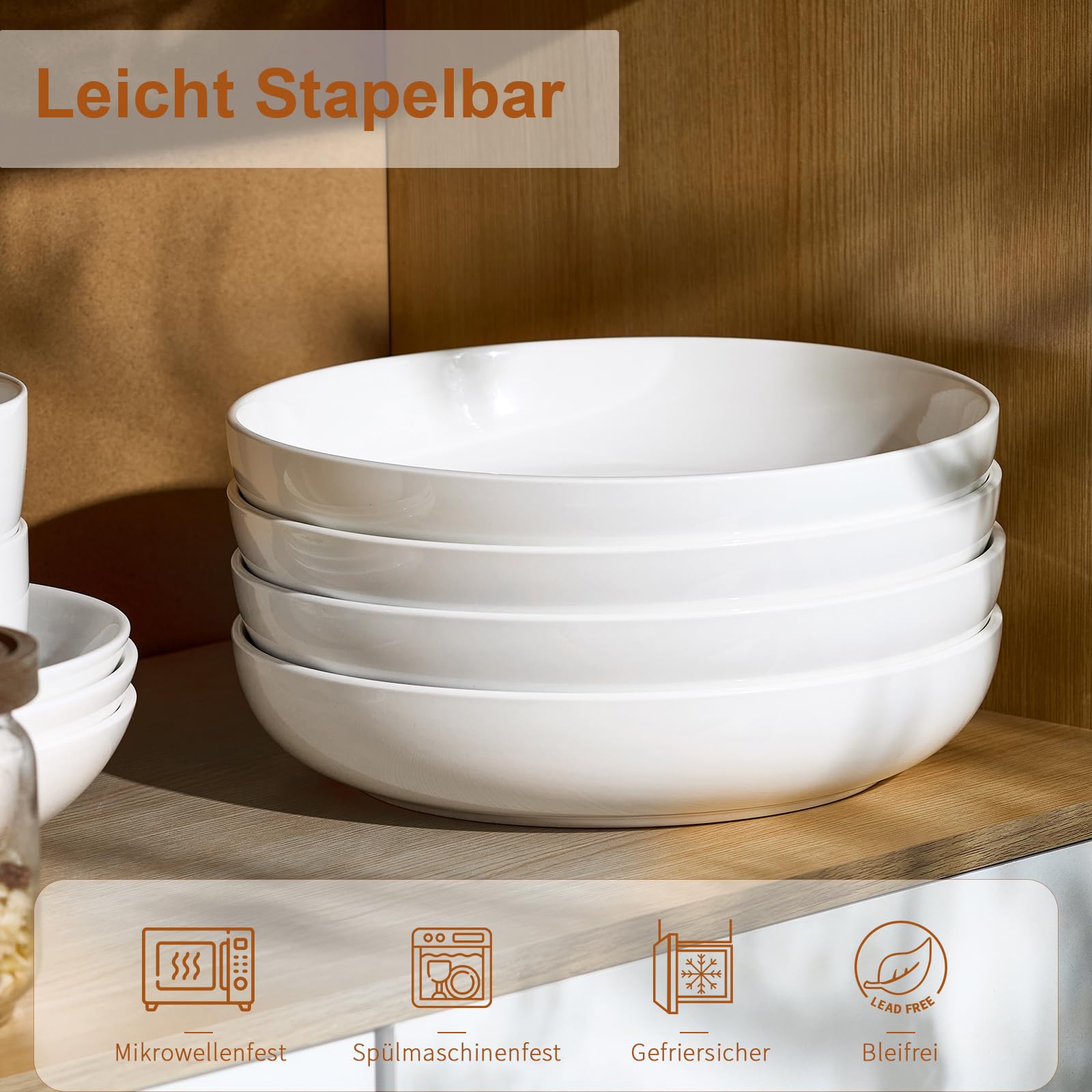 25cm Pastateller 4er Set, 1400ml große Porzellan Keramik Nudelteller, Pastaschale für Müsli Suppe Steak Nudel Breite Küche Geschirr Teller - Mikrowelle Ofen Geschirrspüler Sicher 9,84" Groß Tief Weiß