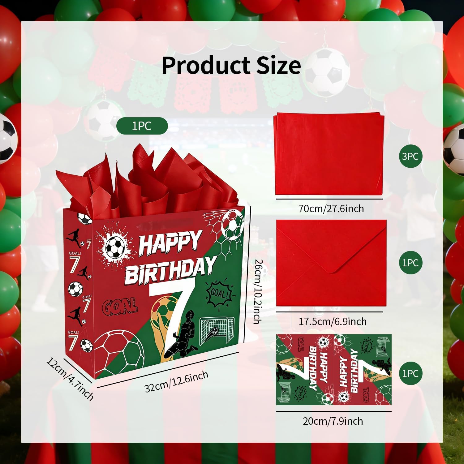 RAYFEST Soccer Star Birthday Party Gift Bag Set, Red and Green Soccer Goodie Bags with Wrapping Paper, Greeting Card and Envelope for Football Theme Party Supplies image 2