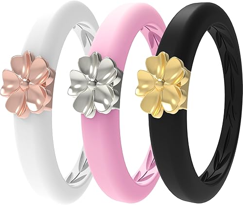 Miniatura 7 de Zollen Anillos de silicona para mujer, 3 paquetes de alianzas de boda de silicona con forma de flor de metal, anillo de goma, colección de flores