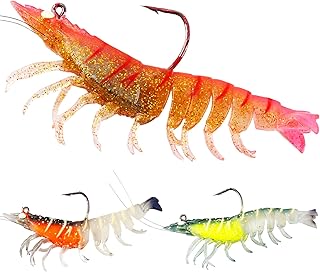 3Pcs Shrimp Fishing Lures for Saltwater and Freshwater Soft Bait Pre-Rigged Glow Eyes Lifelike