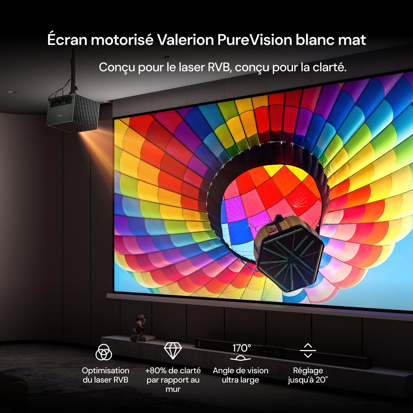 Écran motorisé Valerion PureVision 100", réduction du Speckle Laser, Synchro Auto avec projecteur, Compatible 4K/8K UHD, Drop réglable 20", Dos Noir, Longue focale Uniquement