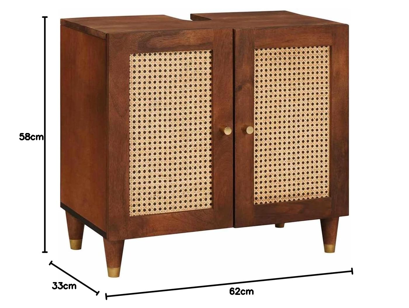 Mobile sottolavabo in legno massello di mango, marrone, 62 x 33 x 58 cm, mobile bagno con 2 ante e ripiano, versatile spazio per il bagno