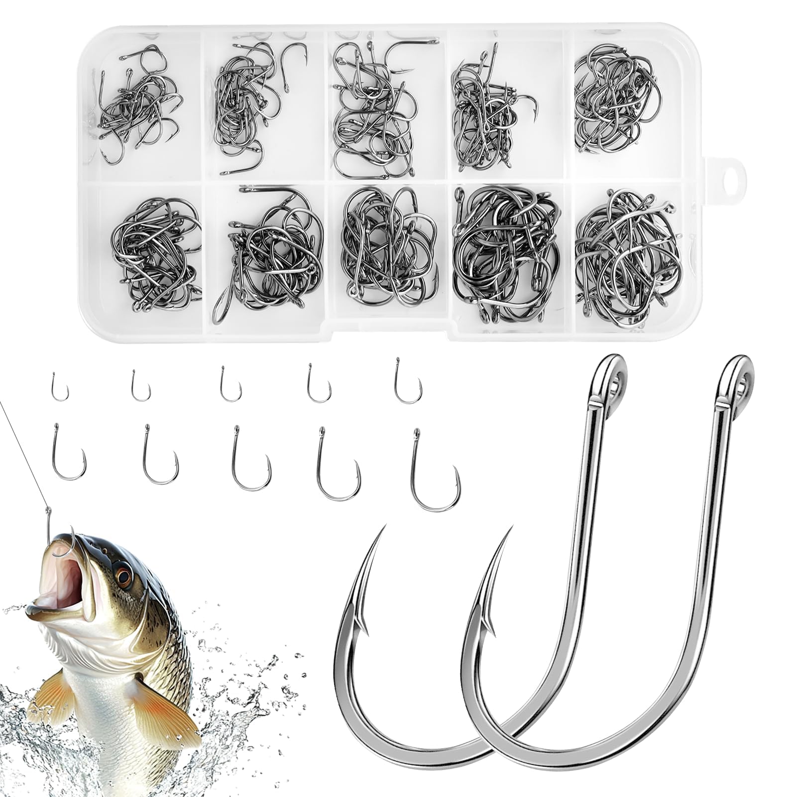 200Pcs Sea Fishing Hooks, High Carbon Steel Barbed Circle Eyed Weedless Fly Small FishHook Fishing Hanging Tackle with Box for Freshwater Saltwater Pike Cod Carp Bass Pollock Conger (10 Sizes 3#-12#)