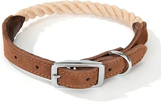 Mile High Life | Premium Cotton Rope Dog Collars | Stainless Steel Pin Buckle Ring Dog Collar | Genuine Leather Belt Collar | for Medium Dogs Large Dogs (Light Brown, Small Neck 28-35cm-9kg)