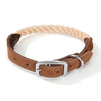 Mile High Life | Premium Cotton Rope Dog Collar | Stainless Steel Pin Buckle Ring Dog Collar | Genuine Leather Belt Collar | for Medium Dog Large Dogs(Light Brown Large Neck 17