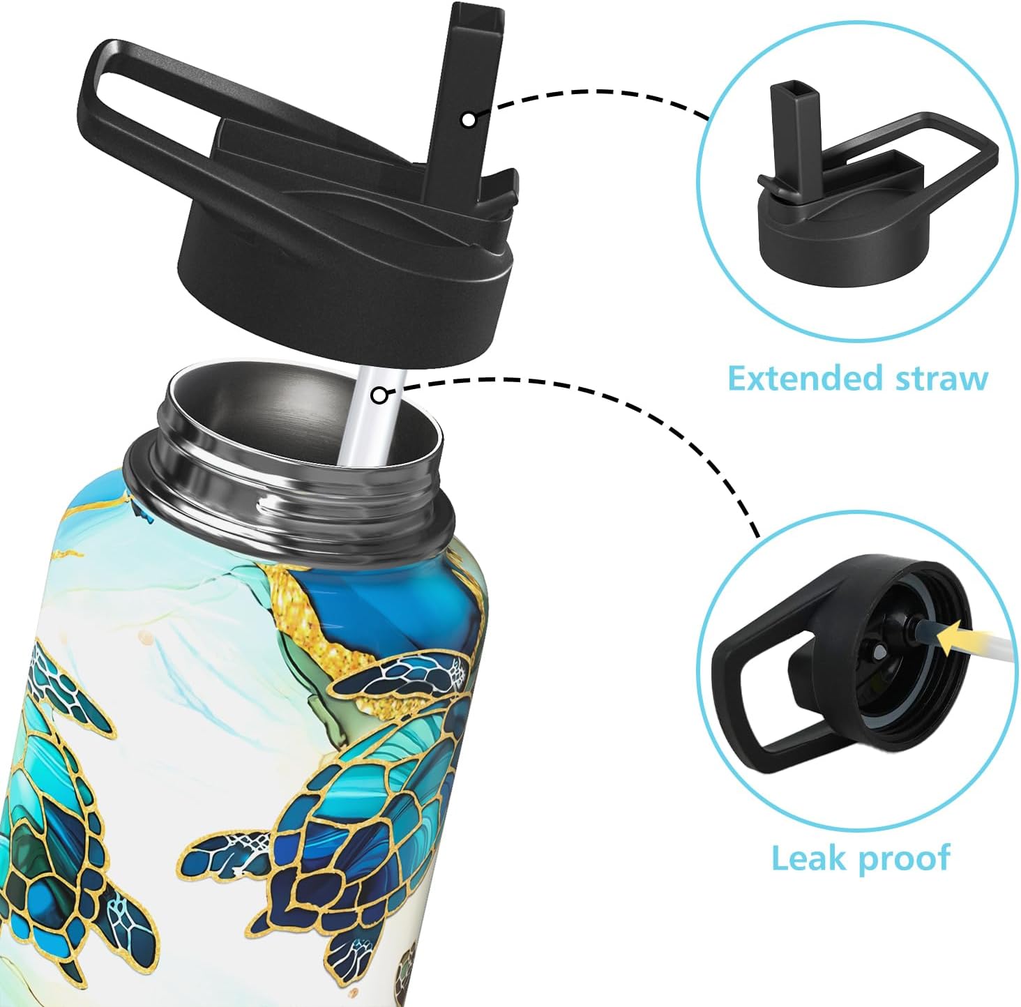 Sea Turtle Gifts 32oz Water Bottles for Women Men, Blue Marble Stainless Steel Leak Proof Sport & Gym Water Bottle with Flip Straw & Spout Lid (1 PC)