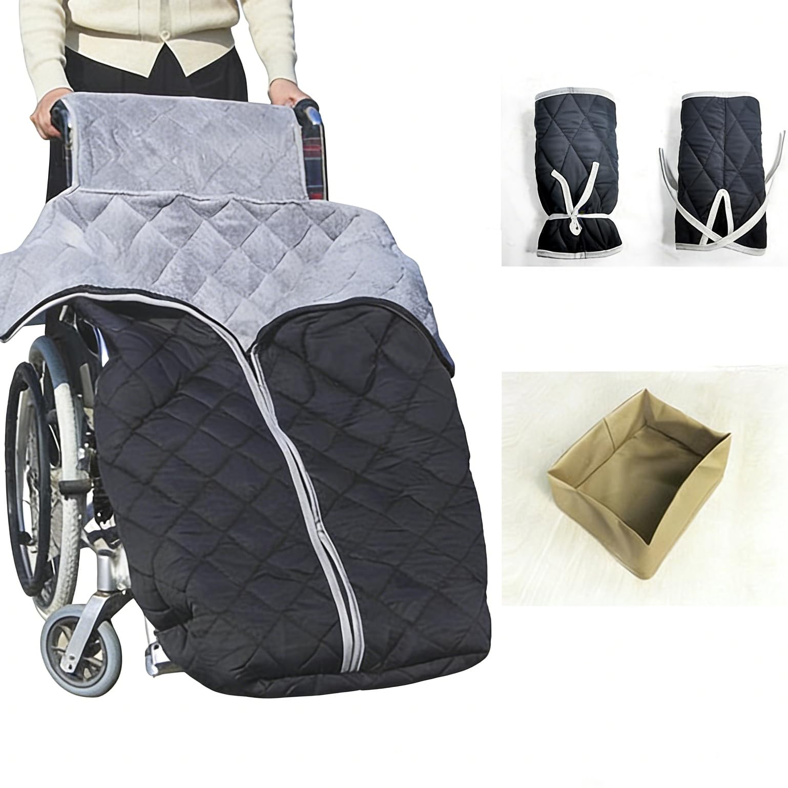 Funda para silla de ruedas, manta de invierno con forro polar resistente al viento con fundas para zapatos y guantes, acogedora funda para piernas con cremallera para personas mayores y discapacitadas
