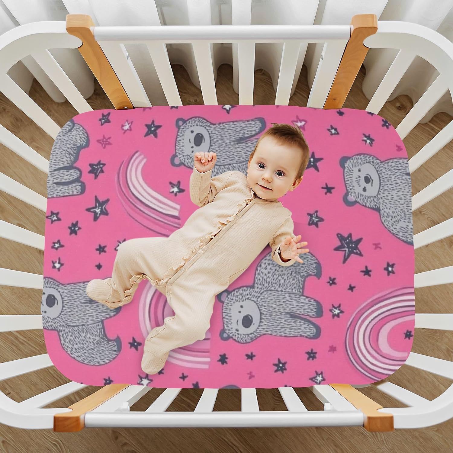 Bears Rainbow and Stars Pink Crib Sheets for Boys Girls Toddler Mattresses Cover Soft Breathable Mattresses Fitted Baby Bed Sheets Cute Fashionable Bed Cover 39"x 27"x 5"