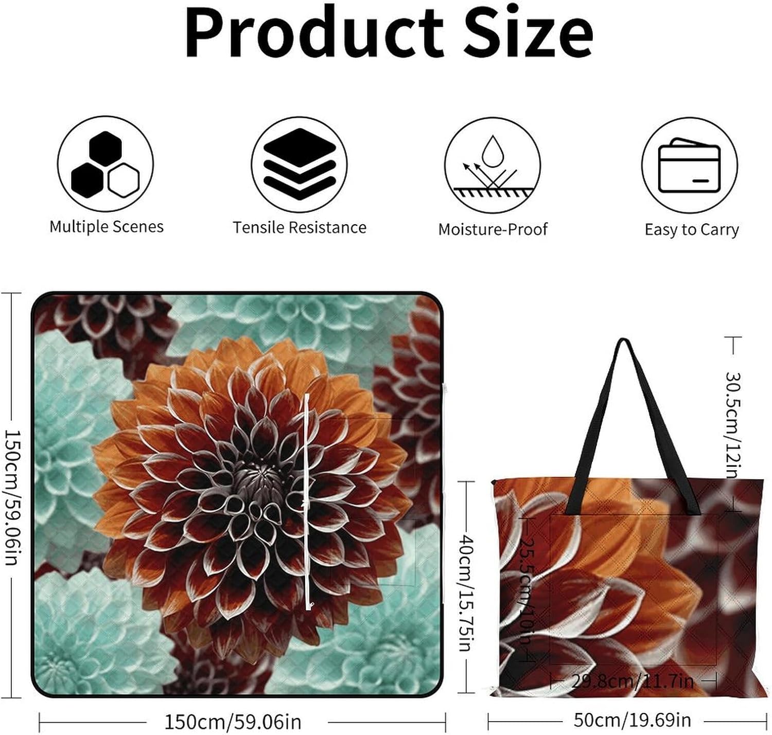 Dahlia Flower Picnic Blanket with Zipper Water Resistant Sand Free Picnic Mat Washable Foldable Easy Carry Beach Blanket for Lawn Beach Hiking Camping