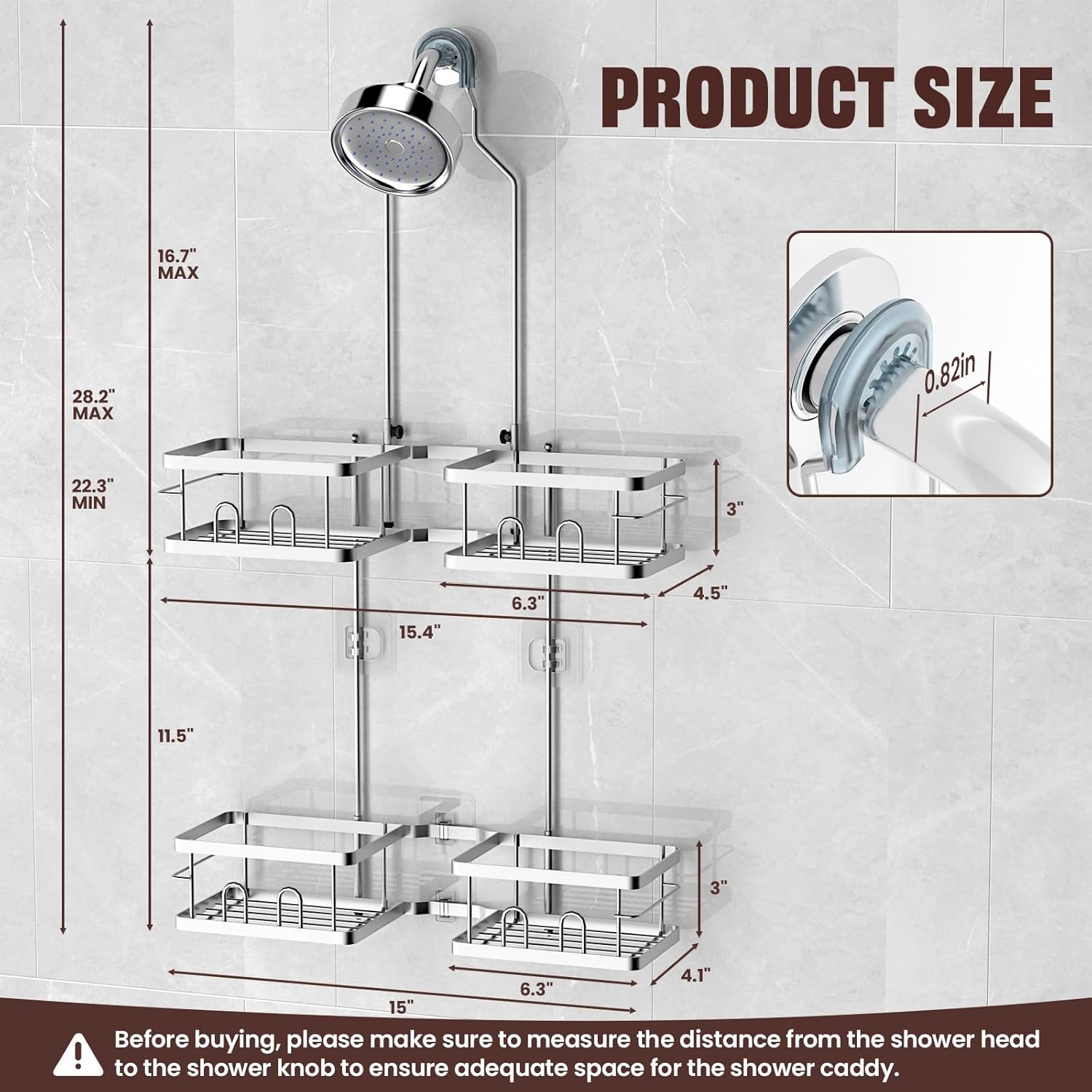 REINHARDT Adjustable Shower Caddy Hanging Rustproof Shower Caddy for Handheld Showerheads, Shower Organizer with Hooks Soap Holder, Anti-Swing Shower Rack Bathroom Accessories, Silver