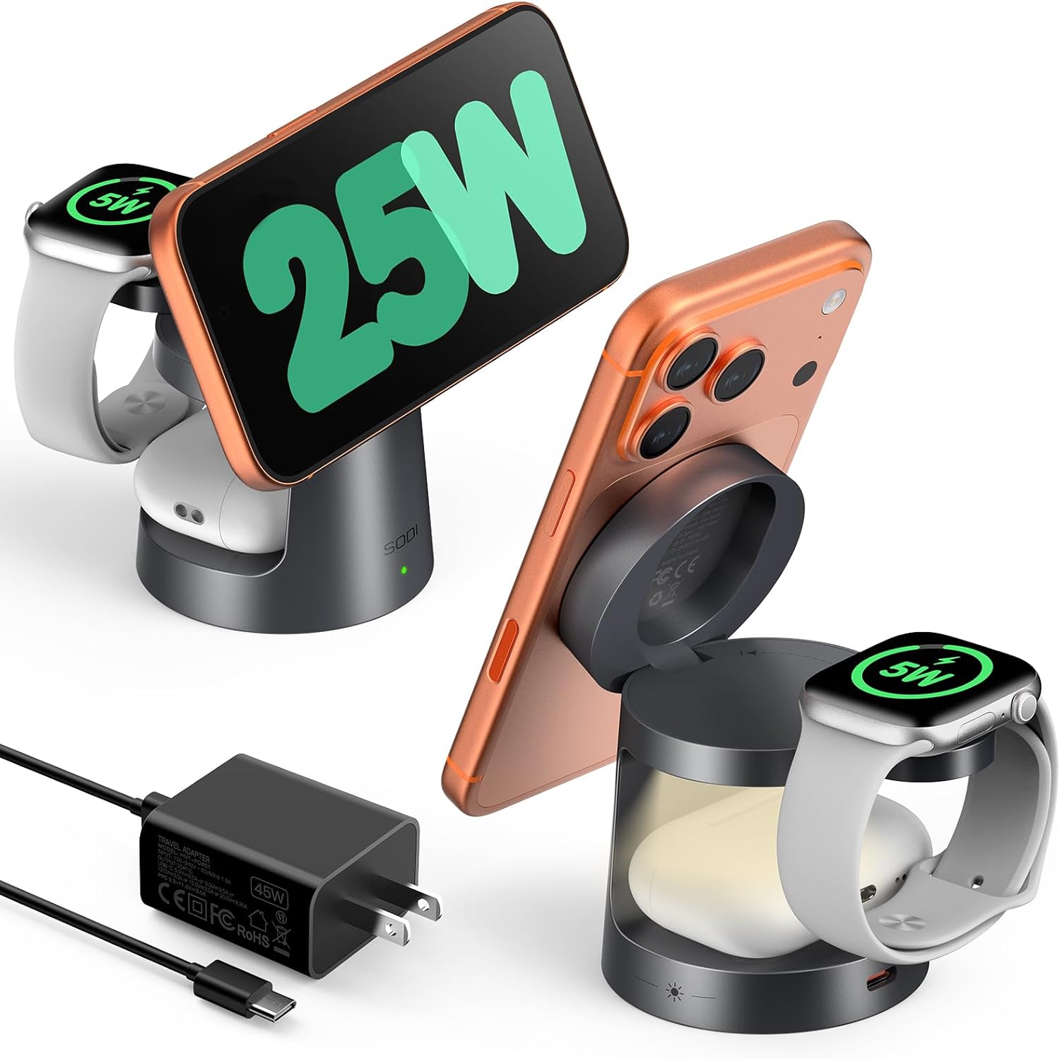 SODI Qi2.2 25W Wireless Charger, 3 in 1 Charging Station with Night Light, Qi2 Certified Wireless Charger Dock Stand for iPhone 17/16(iOS 26), Pixel 10, Apple Watch, AirPods, 45W Adapter Included