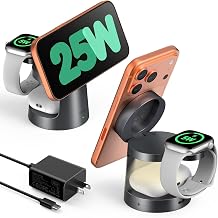 SODI 25W Wireless Charger with Night Light, 3 in 1 Charging Station, Wireless Charger Stand for iPhone 17/16iOS 26, Pixel 10, Apple Watch, AirPods, 45W Adapter Included, Gray