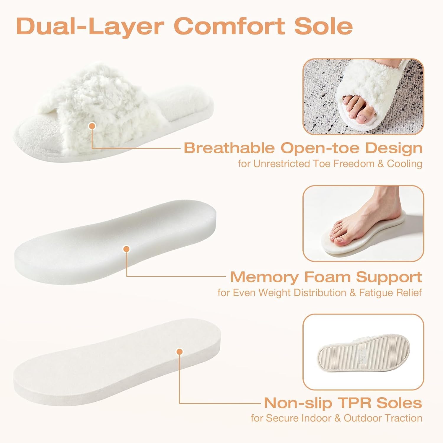 HUXMEYSON Slippers for Women, Open Toe Memory Foam House Shoes with Adjustable Strap, Cozy Faux Fur & Anti-Slip Indoor Outdoor TPR Soles