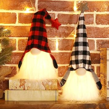 Christmas Gnome with Light Timer 18 Inches Set of 2 Plaid Buffalo Check Nisse Figurine Plush Swedish Nordic Tomte Scandinavian Elf X'Mas Holiday Party Home Decor Ornaments (Red & Black)