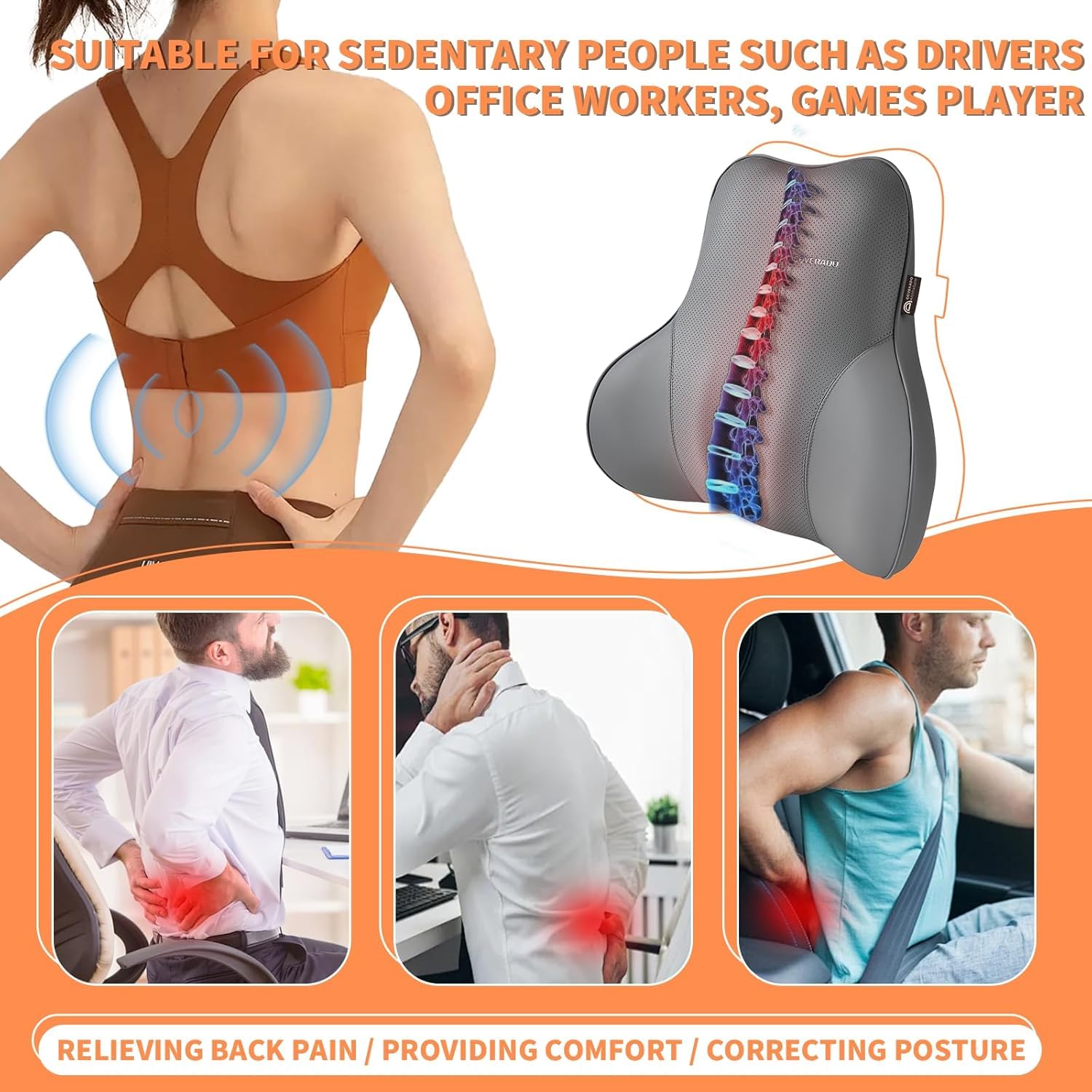 Coverado Lumbar Support Pillow for Car Seat Driver, Leather Car Seat Cushions for Driving Back Pain, Detachable Memory Foam Upper Lower Car Back Support Gray - Image 5