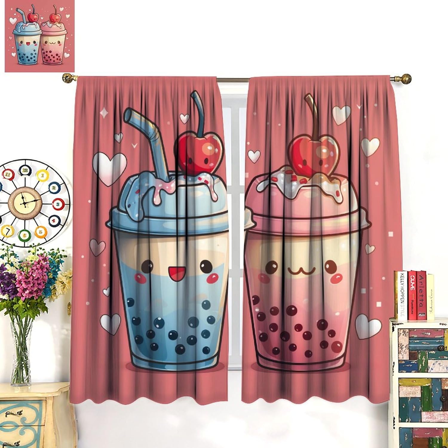 Cartoon Cute Boba Blackout Curtains for Bedroom Living Room, Rod Pocket Cherry Kawaii Bubble Tea Curtains Thermal Insulated Window Drapes 2 Panels, Each 21W x 45L