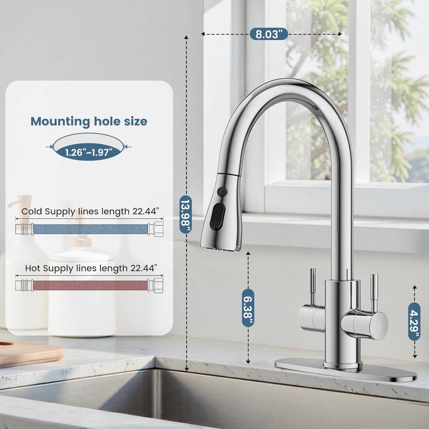 Hurran Kitchen Sink Faucet with Pull Down Sprayer, 2 Handles High Arc Stainless Steel Kitchen Faucet with Escutcheon, Suitable for Kitchens, RVs, and Bars, Chrome