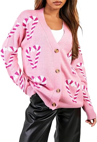 Womens Christmas Cardigan Candy Cane Long Sleeve Ribbed Button-Front Knit Sweaters Casual Drop Shoulder Knitwear