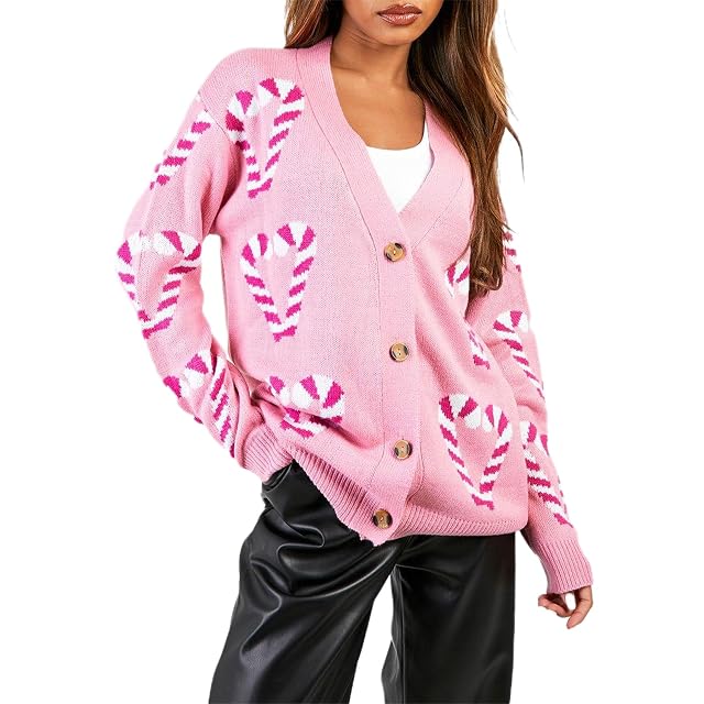 Womens Christmas Cardigan Candy Cane Gingerbread Man Drop Shoulder Long Sleeve Ribbed Button-Front Knit Sweaters