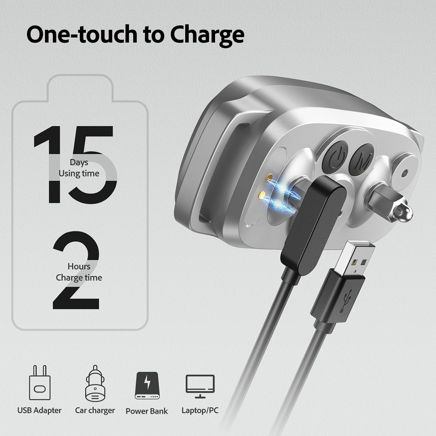 Image showing the FAFAFROG S1 Bark Collar being charged via USB, highlighting 2 hours charge time for 15 days use, compatible with USB adapter, car charger, power bank, and laptop.