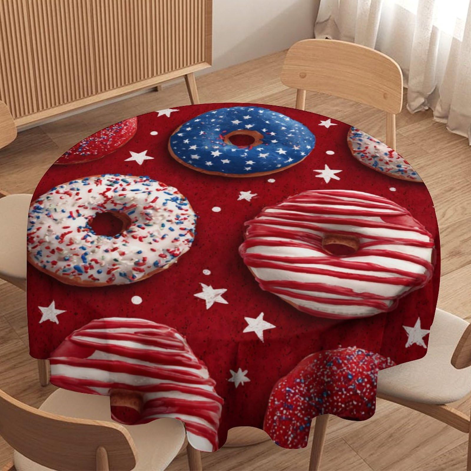 LUYYSKY Vintage Rustic Patriotic Donut Round Tablecloth Modern Painting Food Donut Star Pattern Washable Decor for Table Cover for Kitchen-91.4" Wx91.4 L cm