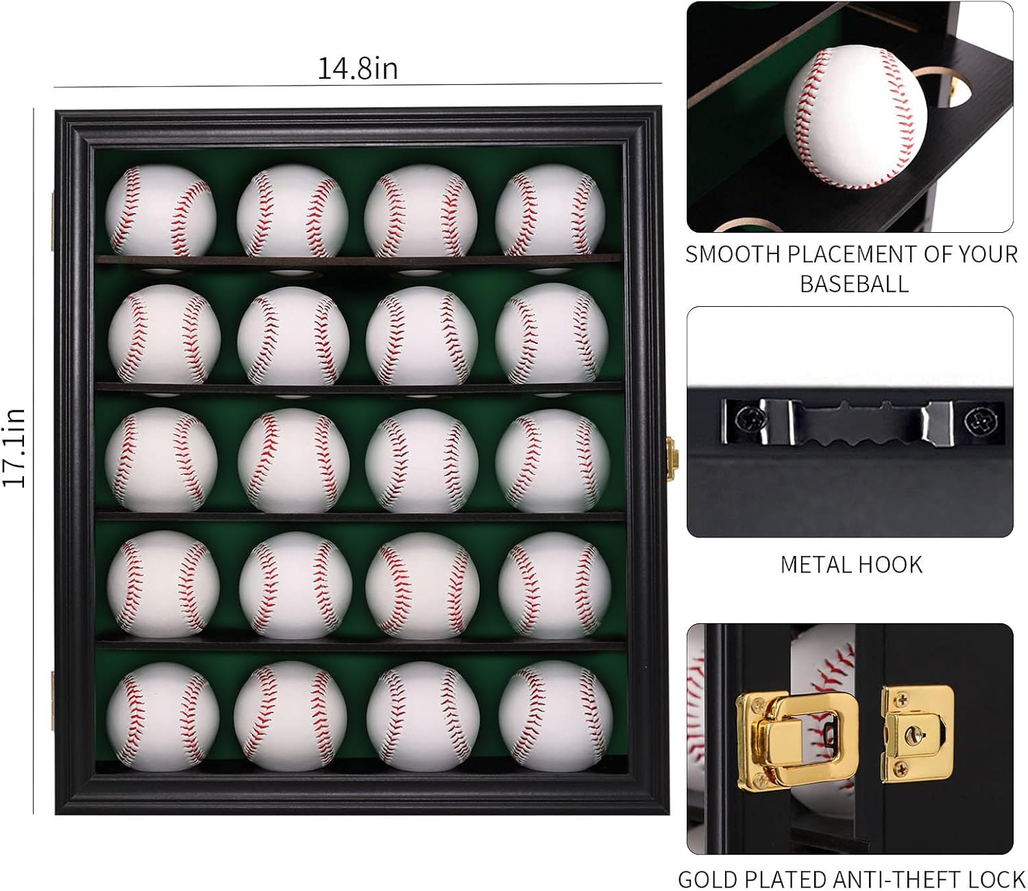 verani baseball and baseball bat display case lockable wood cabinet rack holder for baseball shadow box with uv protection acrylic door wall mount display cabinet for baseball enthusiast collectible baseball display case - rectangle - 20 balls - black