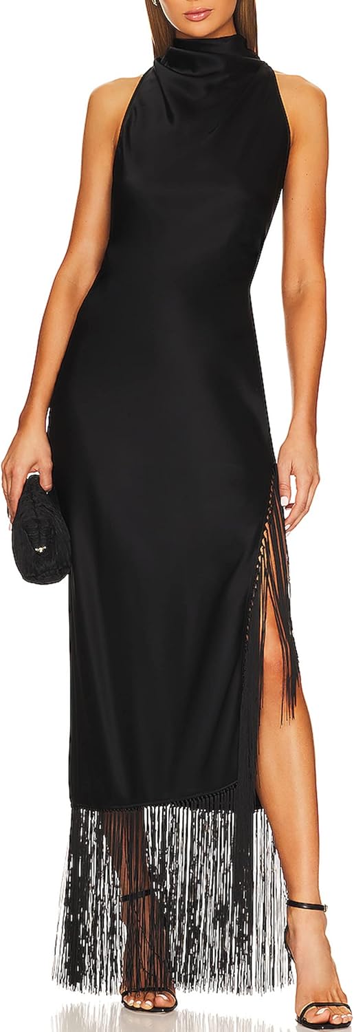 Aigeman Women Vintage Flapper Dresses 1920s Great Gatsby Halter Fringed Maxi Dress Tassels High Split Formal Dress 19