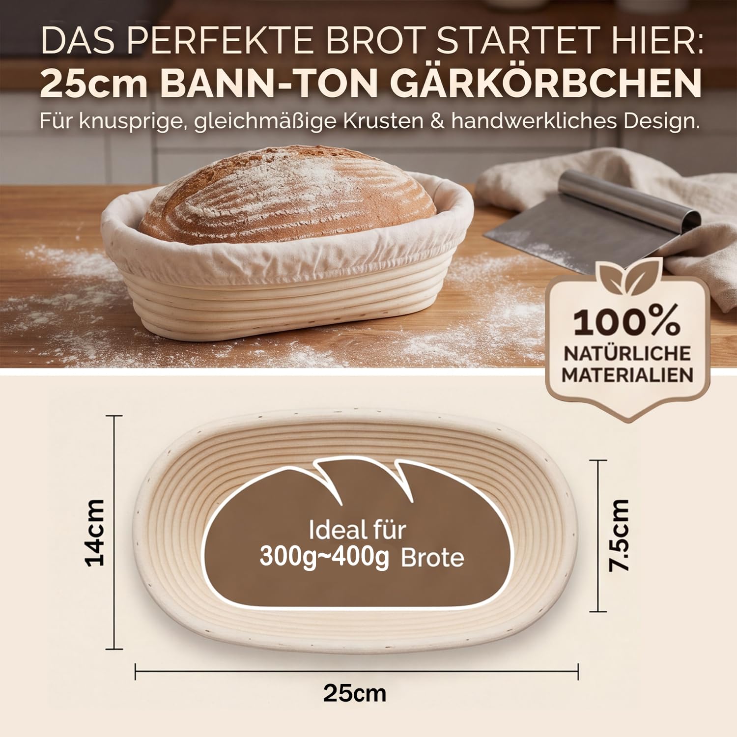 DARDVORLAG Gärkörbchen Oval 25cm mit Leinenbezug – Banneton aus 100% Rattan,Gärkorb für Sauerteigbrot 300–400g,Brotkorb für gleichmäßige Gärung & knusprige Kruste,Brotback Zubehör