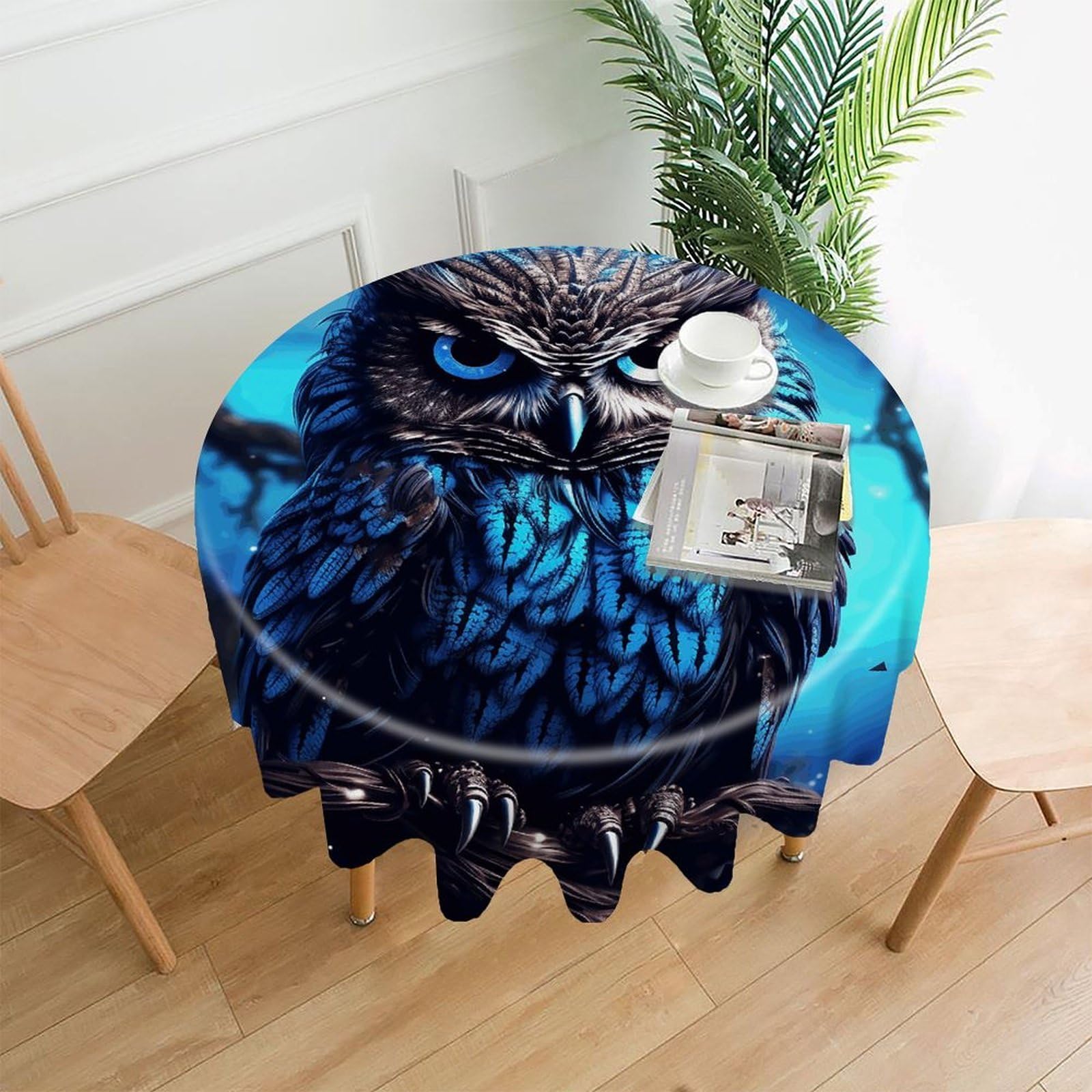 FodPand Blue Owl Round Tablecloth - 60 Inch Premium Polyester Table Cloth, Fashion Wrinkle Resistant Decorative Table Cover for Dining Kitchen Party Buffet Tables